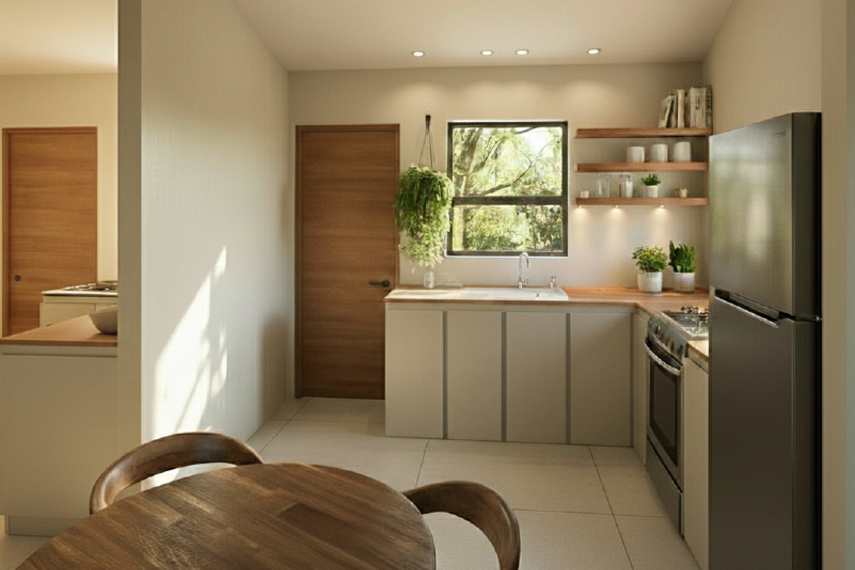 Modern kitchen featuring sleek cabinetry, wooden countertops, floating shelves, and integrated lighting, creating a warm and functional culinary space.