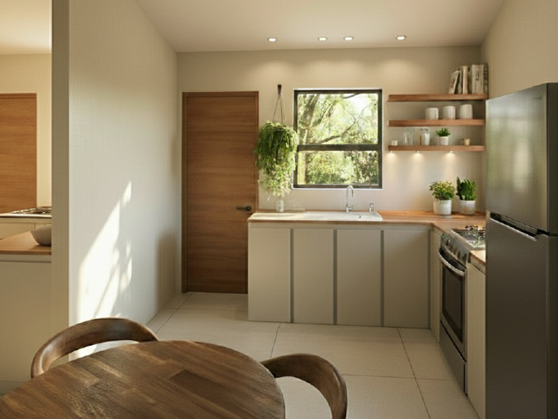 Modern kitchen featuring sleek cabinetry, wooden countertops, floating shelves, and integrated lighting, creating a warm and functional culinary space.