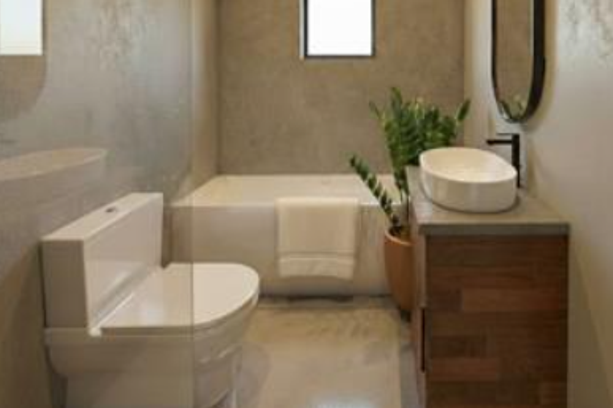 Modern bathroom featuring a built-in bathtub, a wooden vanity with a vessel sink, and a contemporary toilet with high-quality finishes.