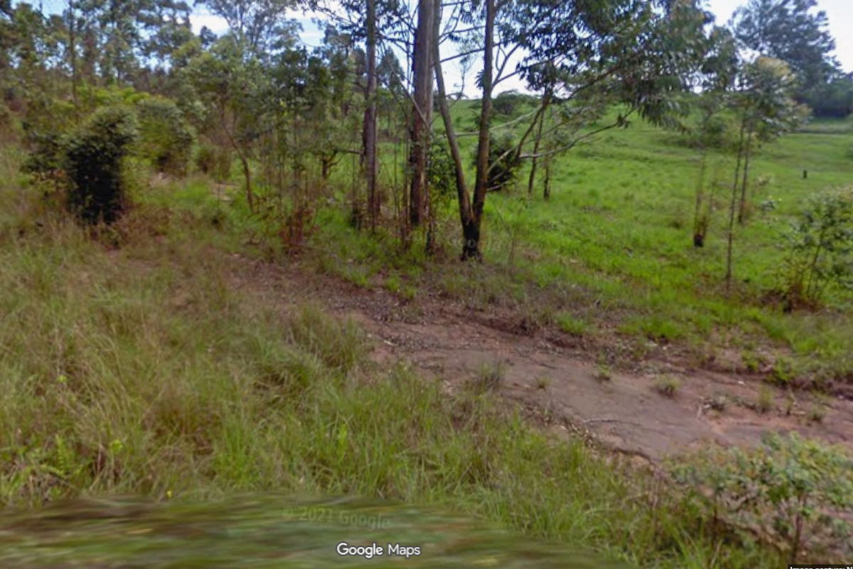 A view of a vacant residential plot featuring natural vegetation and an unpaved access path.