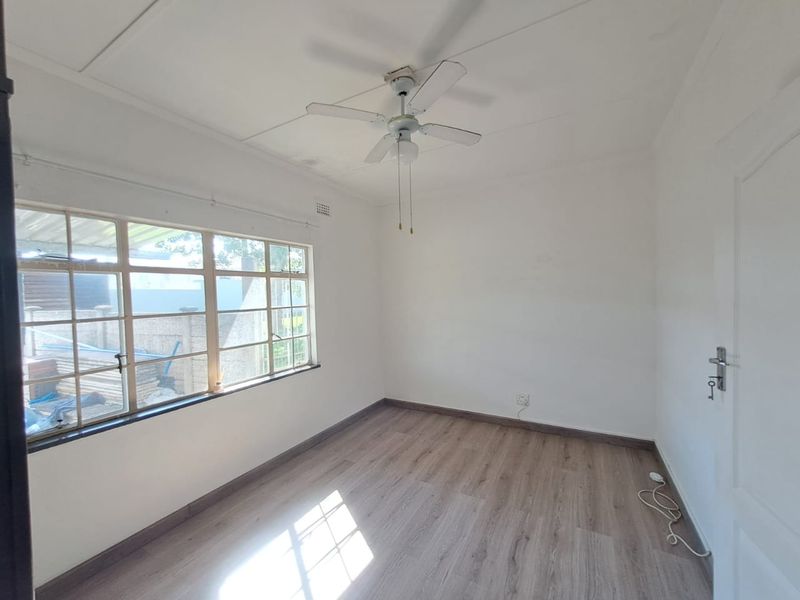 A bright, empty bedroom featuring modern laminate flooring, a ceiling fan, and large steel-framed windows allowing for ample natural light.