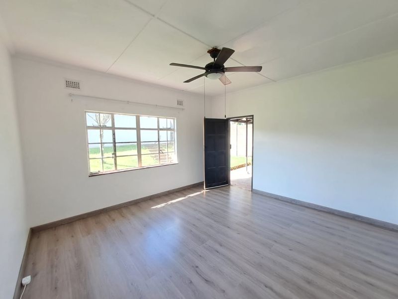 A bright, empty living room featuring modern laminate flooring, a ceiling fan, and large windows providing natural light.