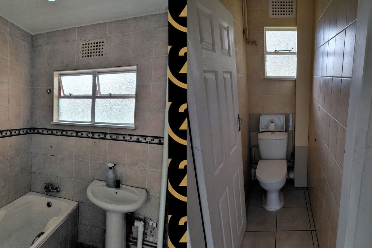 A split-view image showing a dated bathroom featuring a pedestal basin, bathtub, and a separate toilet area with tiled finishes.
