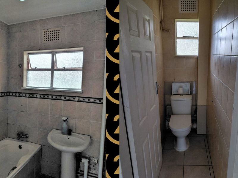 A split-view image showing a dated bathroom featuring a pedestal basin, bathtub, and a separate toilet area with tiled finishes.