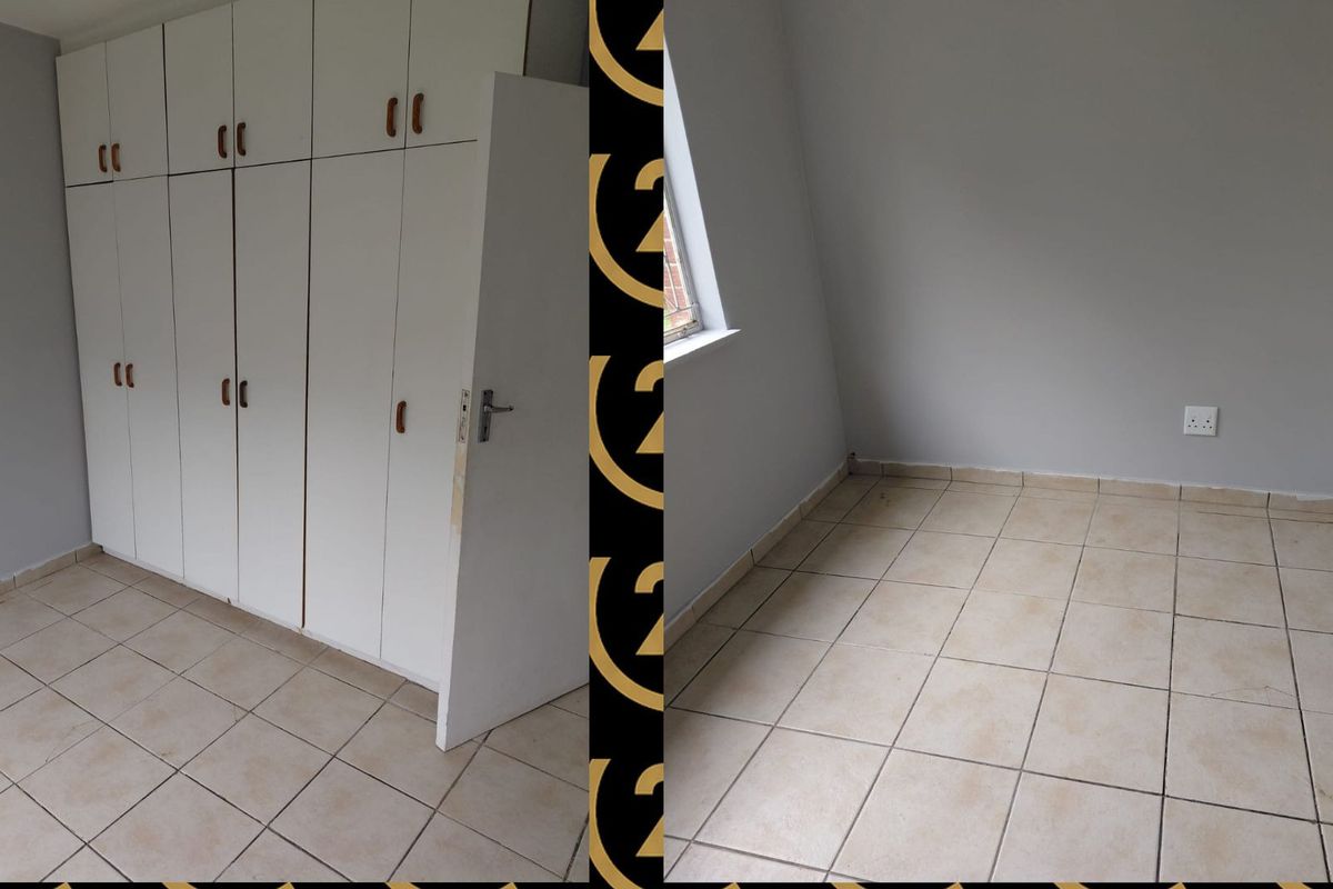 An empty bedroom featuring tiled flooring and built-in cupboards, presented in a split-view format.