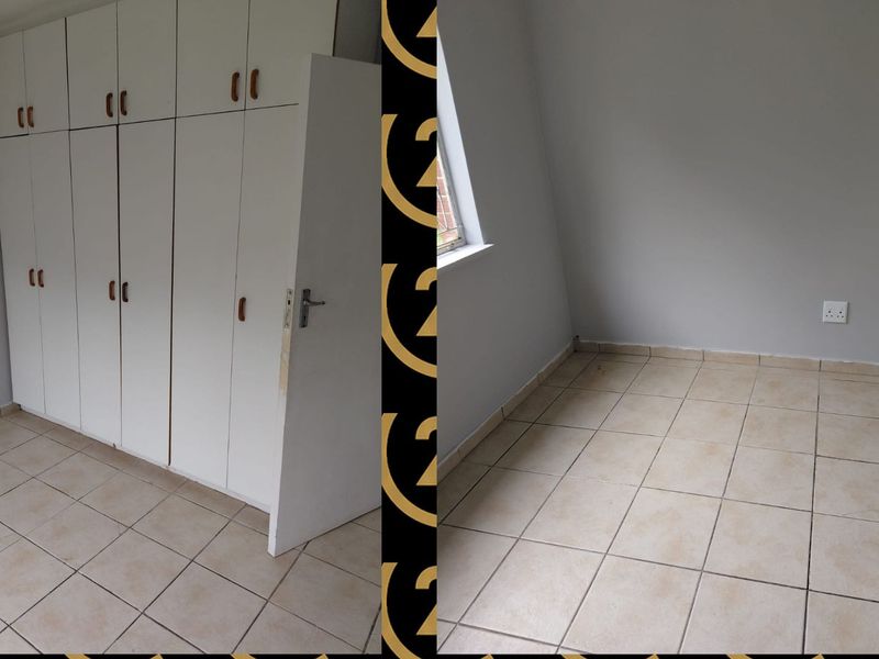 An empty bedroom featuring tiled flooring and built-in cupboards, presented in a split-view format.