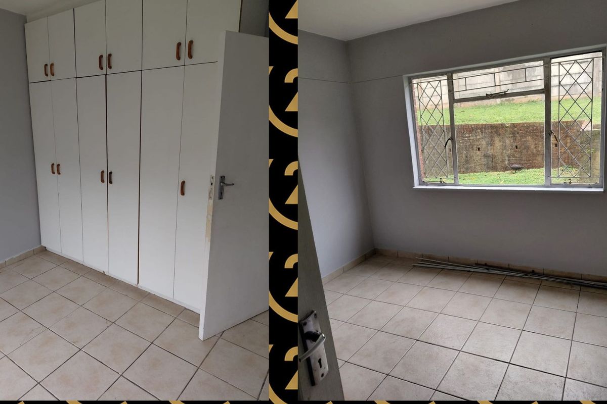 An empty bedroom featuring tiled flooring and built-in cupboards, with security bars on the window.