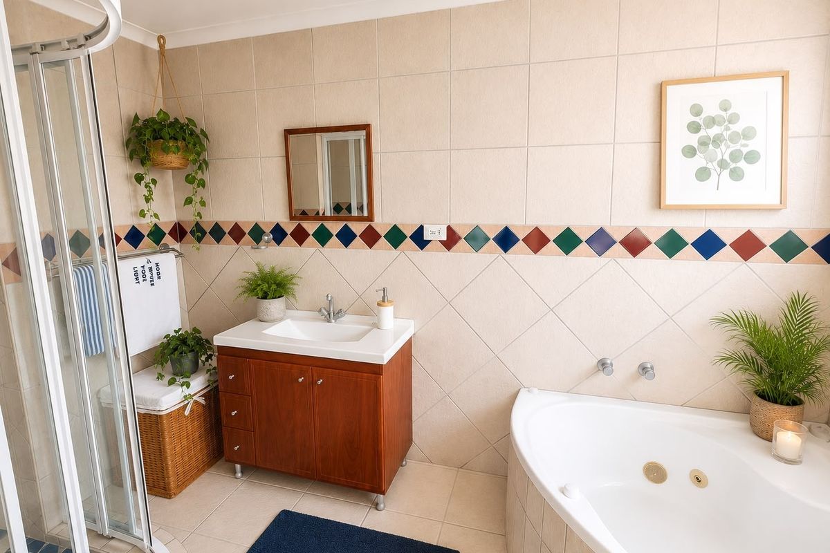 A functional bathroom featuring a corner spa bath, a separate shower enclosure, and a wooden vanity cabinet with tiled walls.