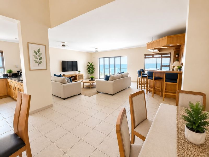 Spacious open-plan living area featuring tiled floors, a built-in bar, and seamless flow to a balcony with ocean views.