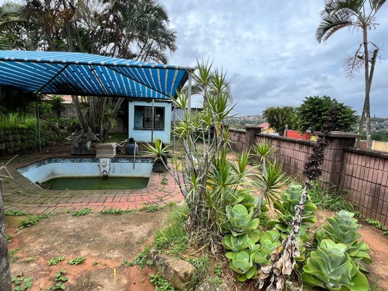 Outdoor pool area featuring a paved surround, brick boundary wall, and a shade structure, currently requiring significant maintenance and landscaping.