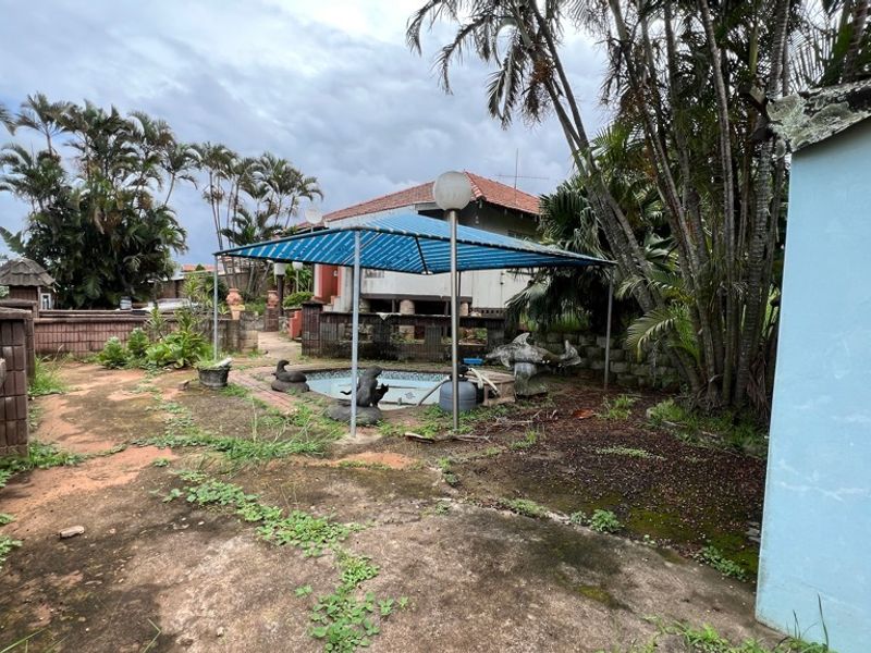 Outdoor pool area featuring a paved surround, pool canopy, and established garden, requiring significant maintenance and landscaping to restore its appeal.
