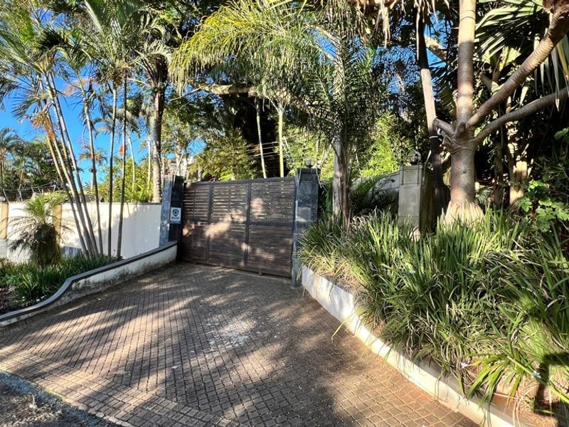 Front entrance view featuring a paved driveway, secure electric gate, perimeter wall with electric fencing, and established garden landscaping.