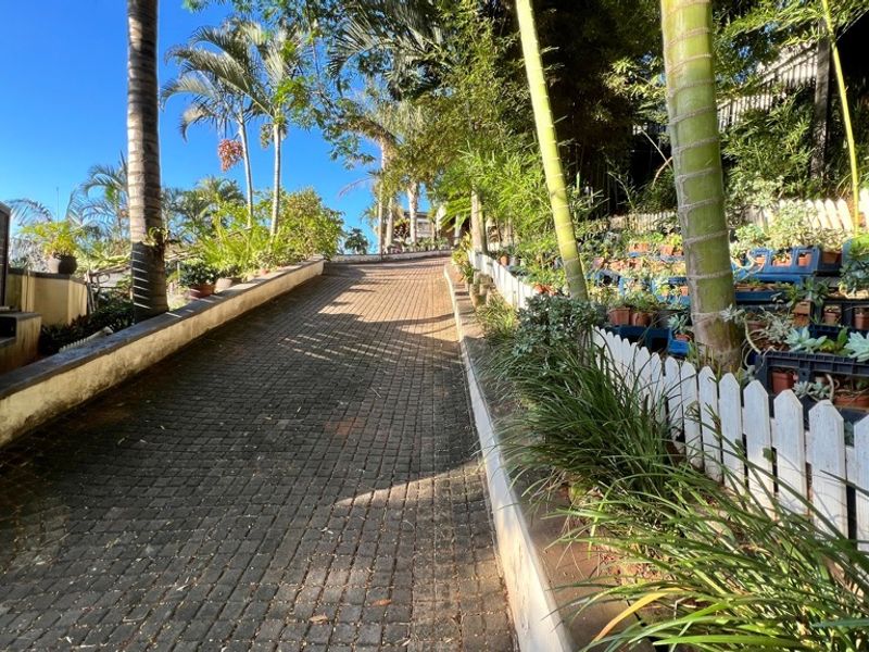 A paved driveway leading up to the property, flanked by a retaining wall and a white picket fence with established garden landscaping.