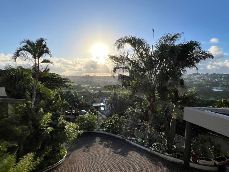 An elevated view overlooking a paved driveway, lush garden, and the surrounding neighbourhood landscape at sunset.