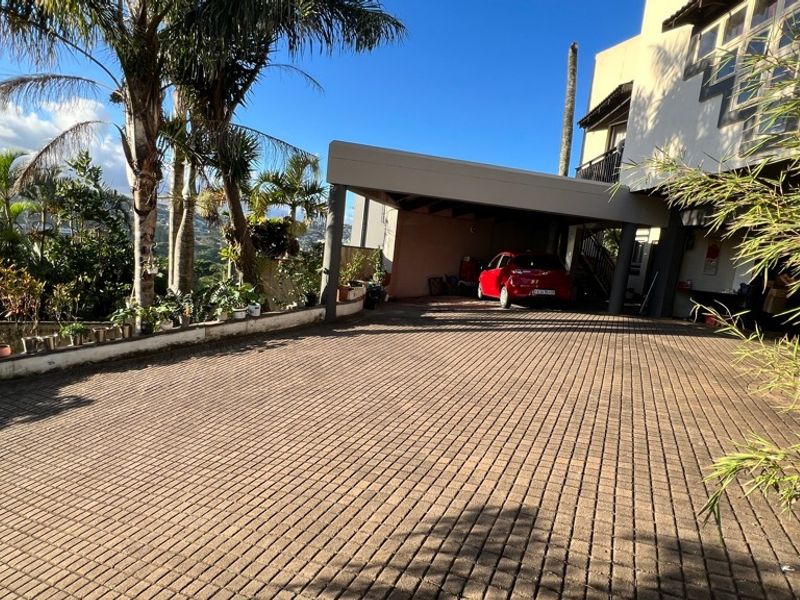 A paved driveway leading to a covered carport area with an adjacent retaining wall and landscaped garden features.