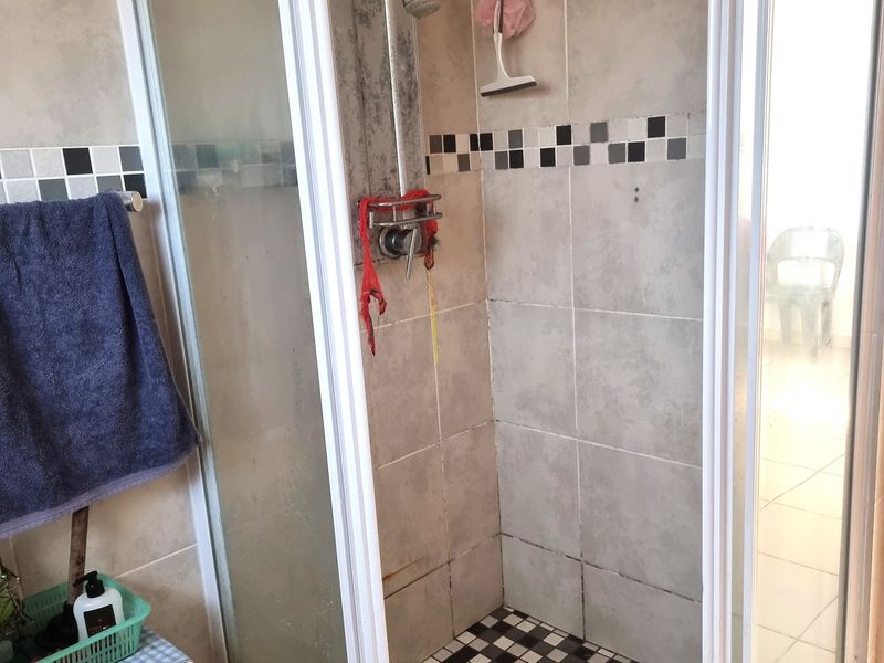 A functional bathroom shower enclosure featuring tiled walls and a mosaic-tiled shower floor, showing signs of standard wear and tear.