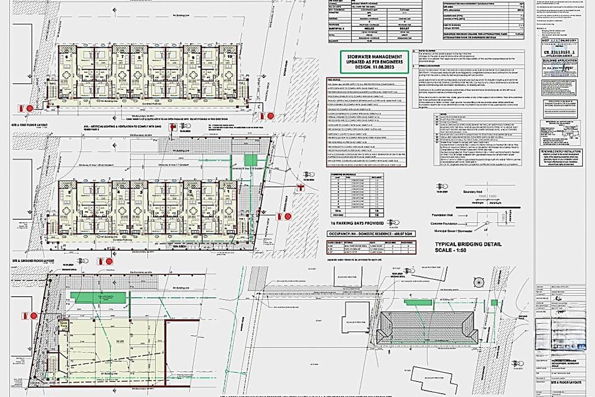 Architectural site and floor plan layout detailing the proposed residential development, including parking, building footprints, and stormwater management design.