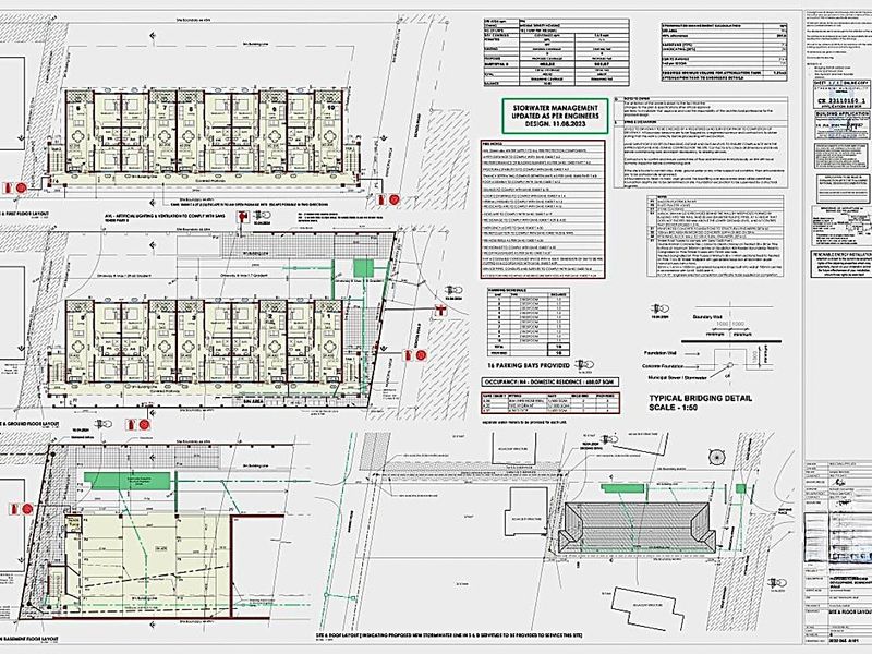 Architectural site and floor plan layout detailing the proposed residential development, including parking, building footprints, and stormwater management design.