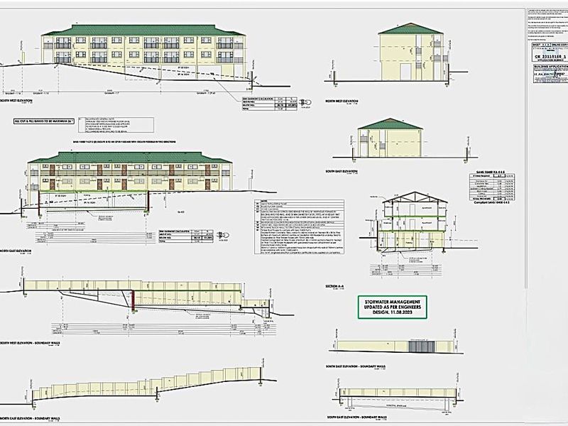 Architectural elevation drawings and section details for the proposed residential building project.