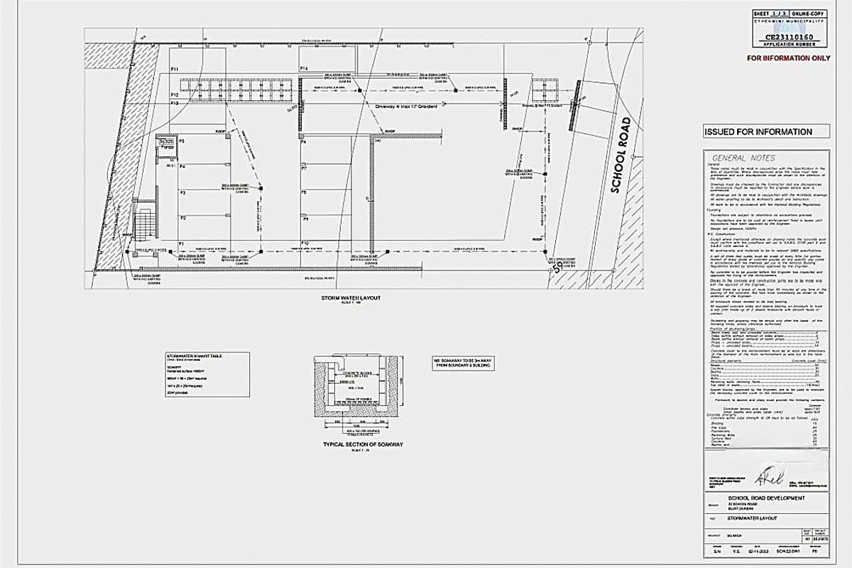 A technical stormwater layout and site plan for the School Road development, detailing drainage infrastructure and site specifications.