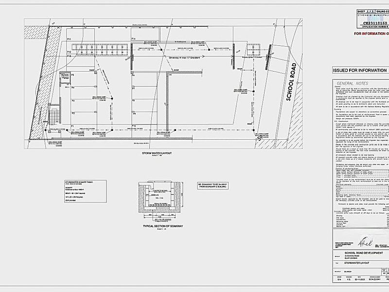 A technical stormwater layout and site plan for the School Road development, detailing drainage infrastructure and site specifications.