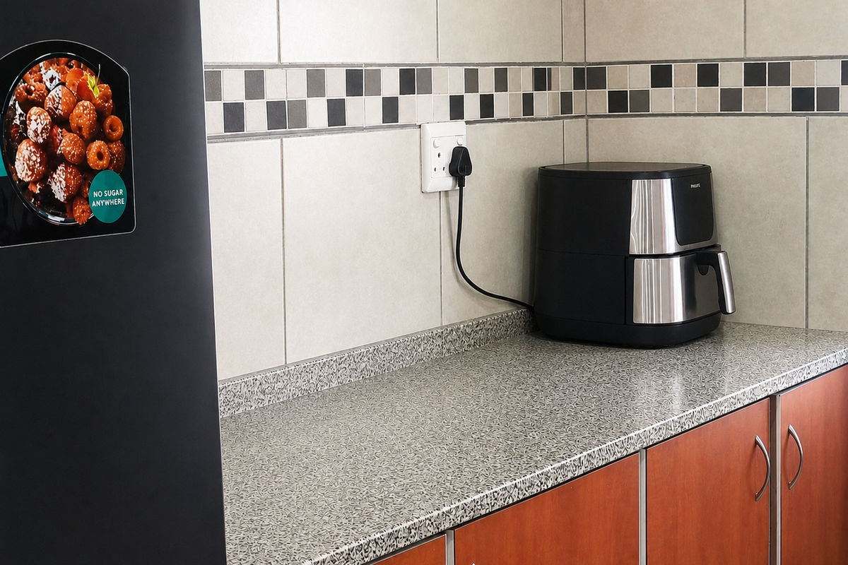 A functional kitchen corner featuring laminate countertops, tiled splashbacks with decorative accents, and built-in wooden cabinetry.