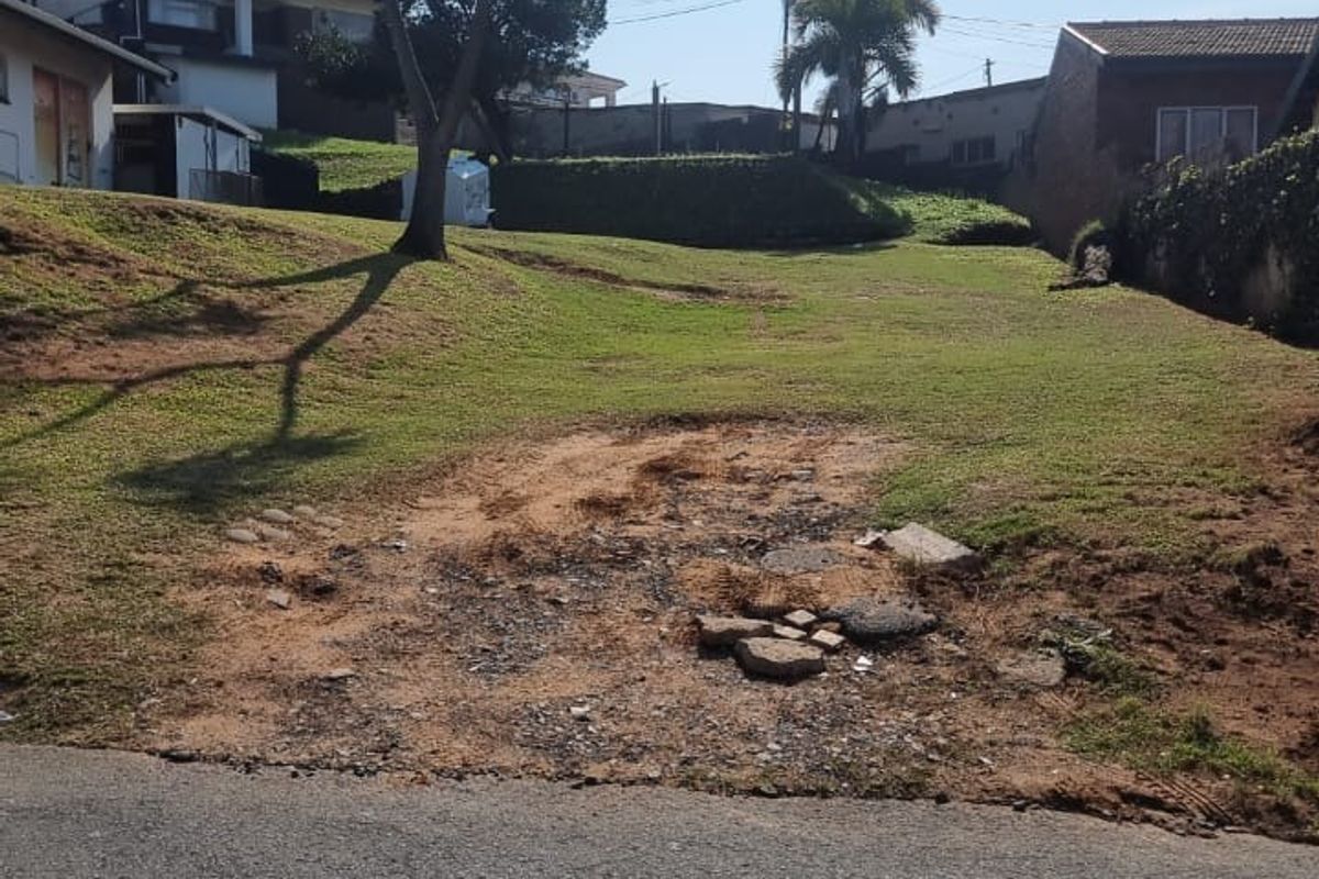 A vacant residential plot featuring a sloped grass lawn with established trees, offering potential for development in a residential neighborhood.