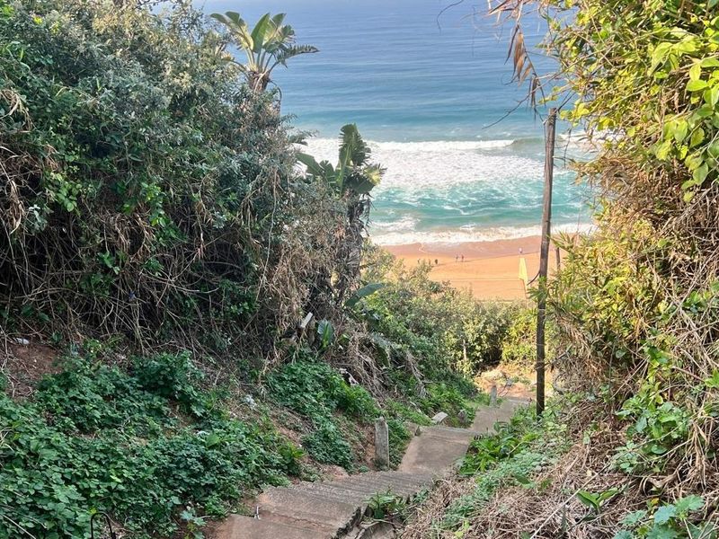 A scenic view of the ocean and beach accessed via a concrete staircase surrounded by dense coastal vegetation.