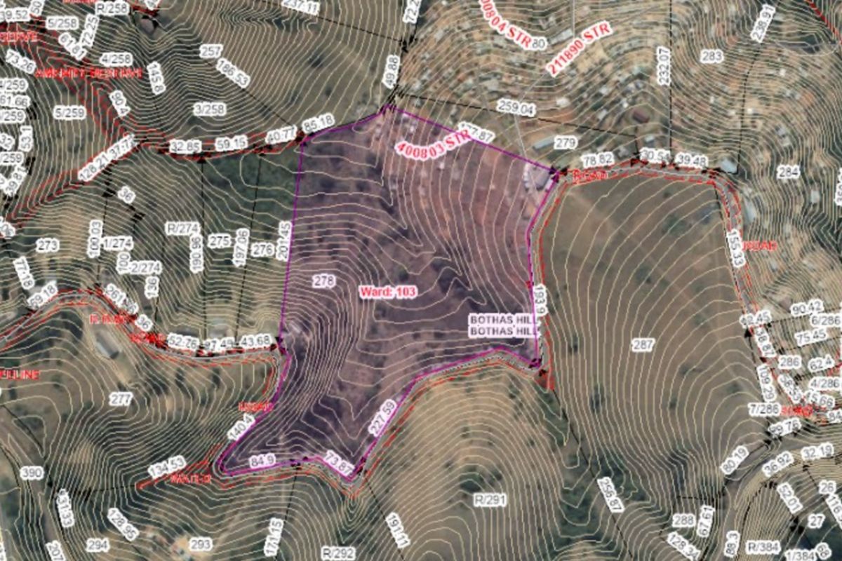 An aerial cadastral map showing property boundaries, topographical contour lines, and land parcel information for the Bothas Hill area.