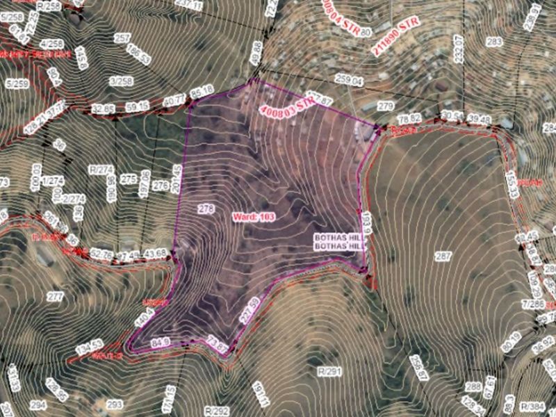 An aerial cadastral map showing property boundaries, topographical contour lines, and land parcel information for the Bothas Hill area.