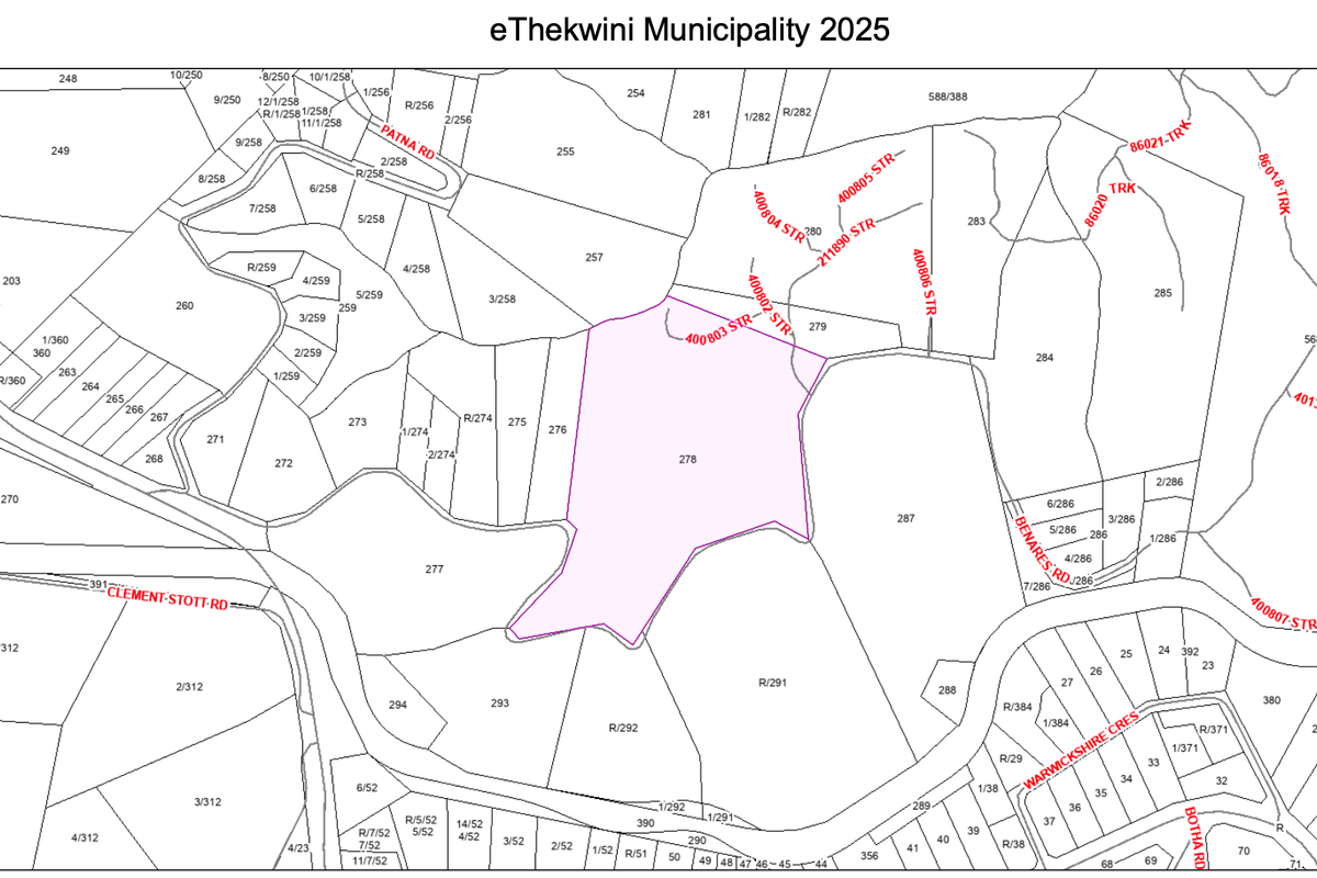 A municipal cadastral map showing property boundaries and street layouts within the eThekwini Municipality area.