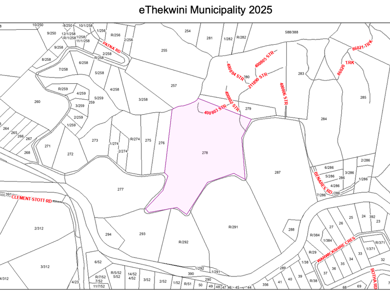 A municipal cadastral map showing property boundaries and street layouts within the eThekwini Municipality area.