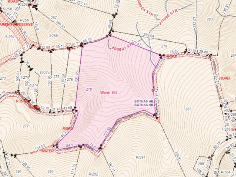 A cadastral survey map showing the property boundaries, topography, and surrounding land parcels in Bothas Hill.