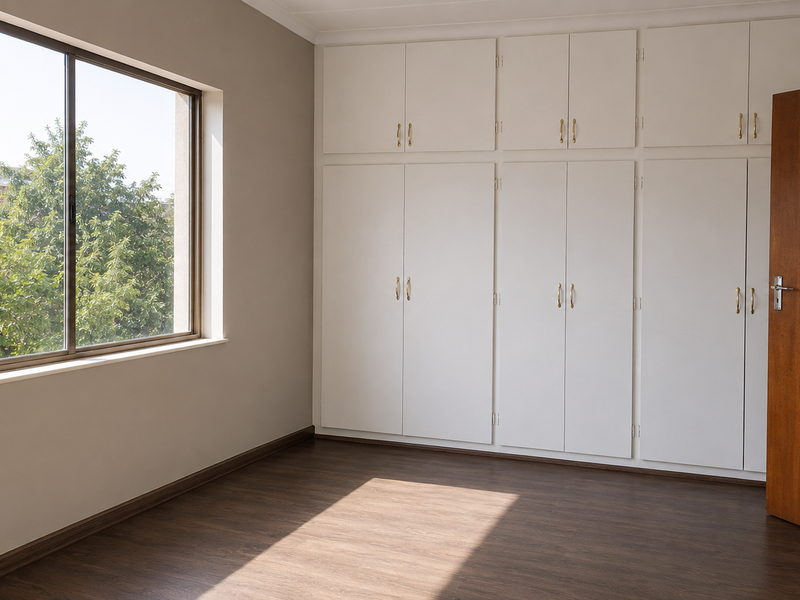 A bright, empty bedroom featuring extensive built-in floor-to-ceiling cupboards, modern laminate flooring, and large windows providing natural light and an urban view.