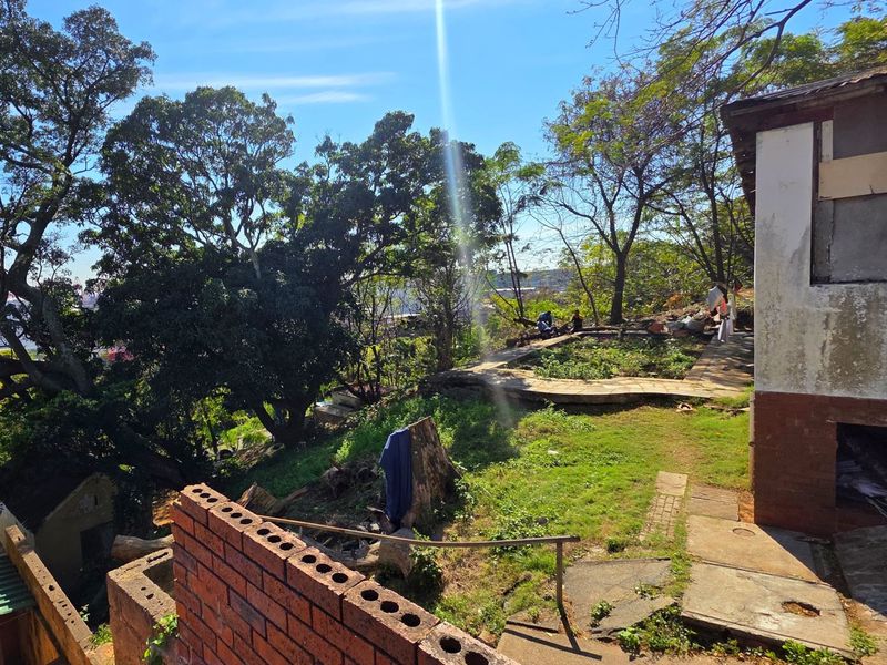 Rear garden area featuring a brick retaining wall, paved pathways, and mature trees, showing signs of significant wear and maintenance requirements.