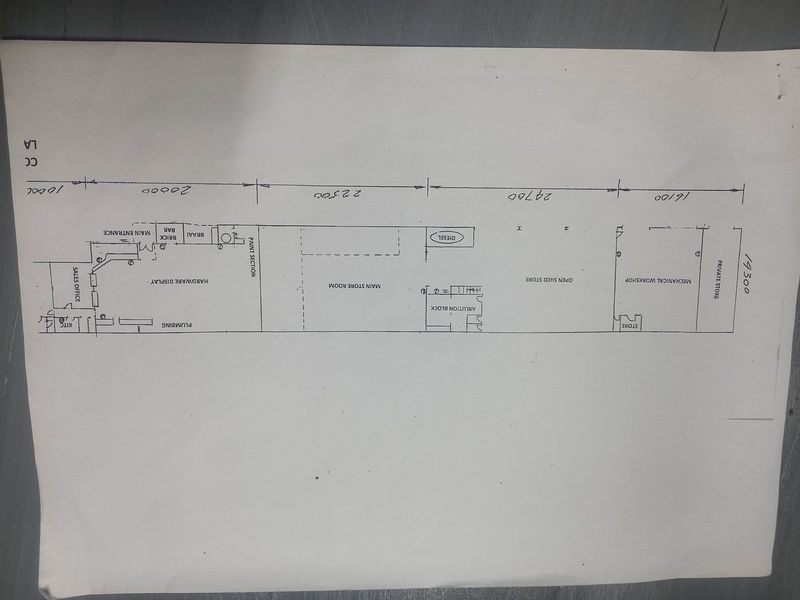 A technical floor plan layout for a commercial property featuring a sales office, hardware display, main store room, workshop, and ablution facilities.