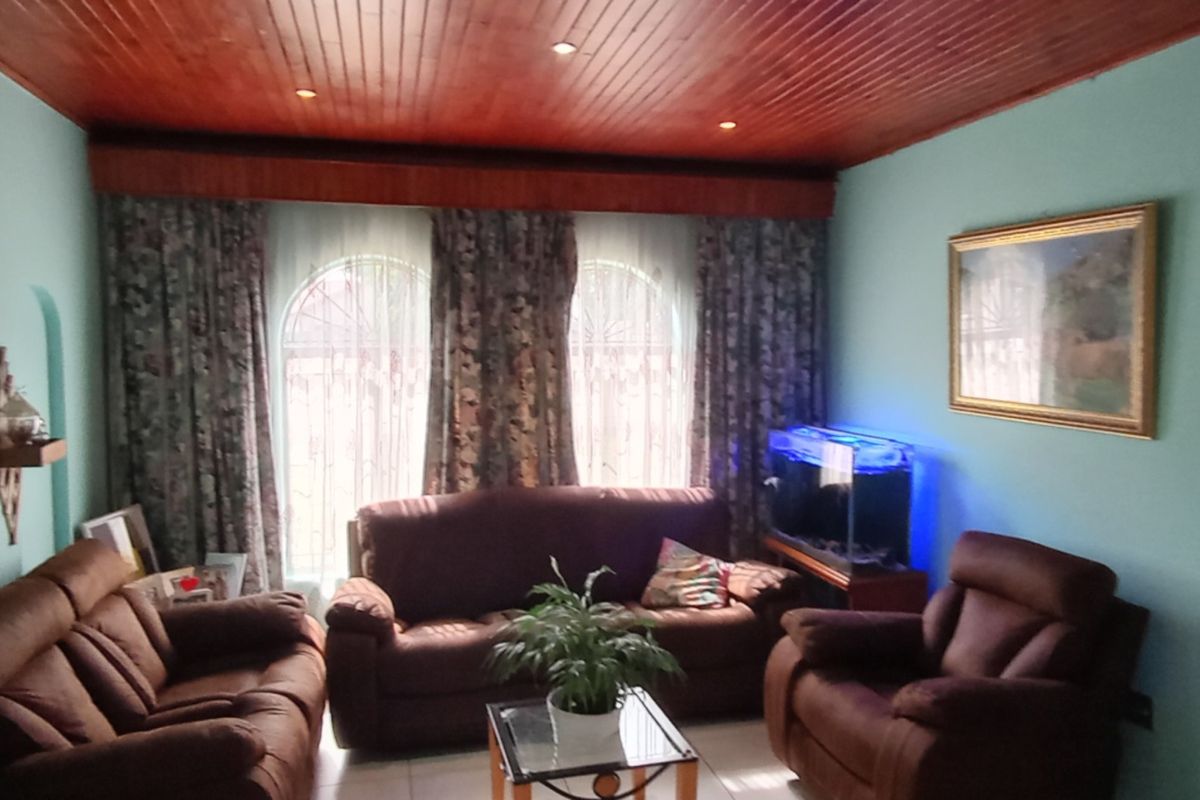A living room featuring a timber-clad ceiling with recessed lighting and arched window alcoves.