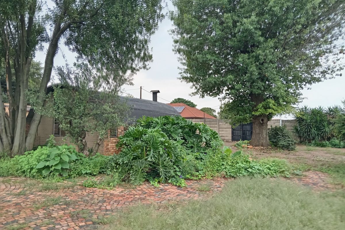 Rear garden area featuring mature trees, brick paving, and a precast concrete boundary wall with a visible metal chimney flue.