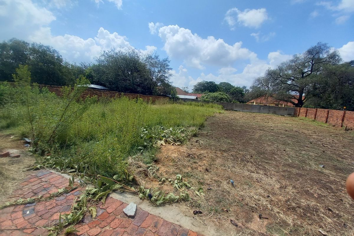 A vacant residential plot featuring a mix of cleared earth, overgrown vegetation, and perimeter boundary walls with existing brick paving in the foreground.