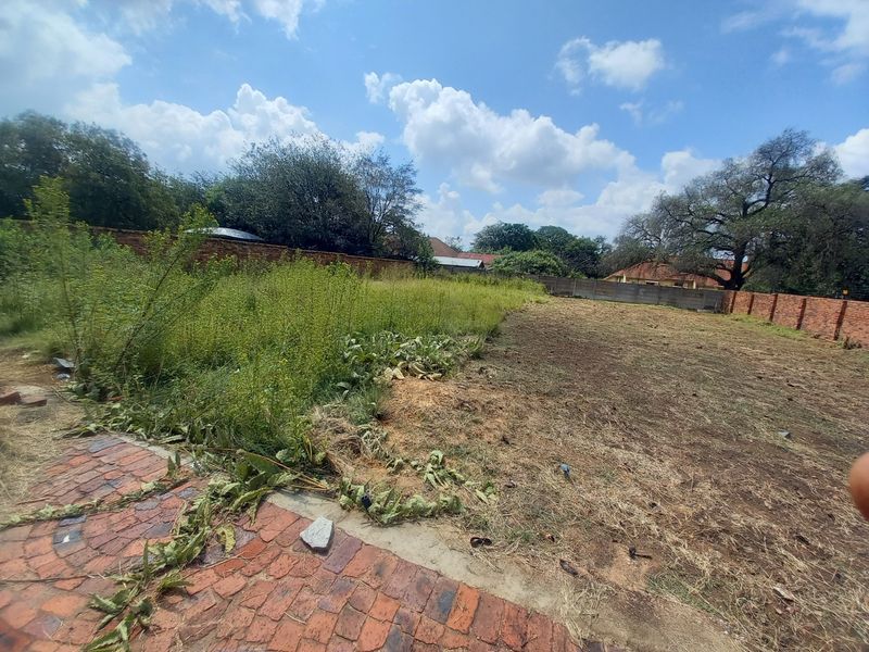 A vacant residential plot featuring a brick paved section, perimeter brick and concrete boundary walls, and significant overgrown vegetation.