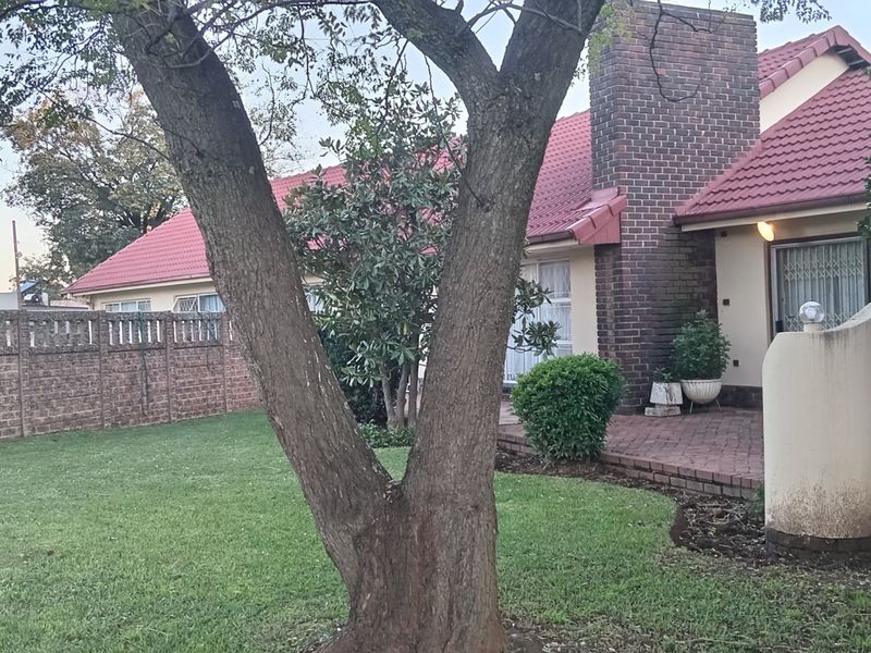 Rear garden view featuring a paved patio area, brick chimney stack, and established lawn enclosed by a brick boundary wall.