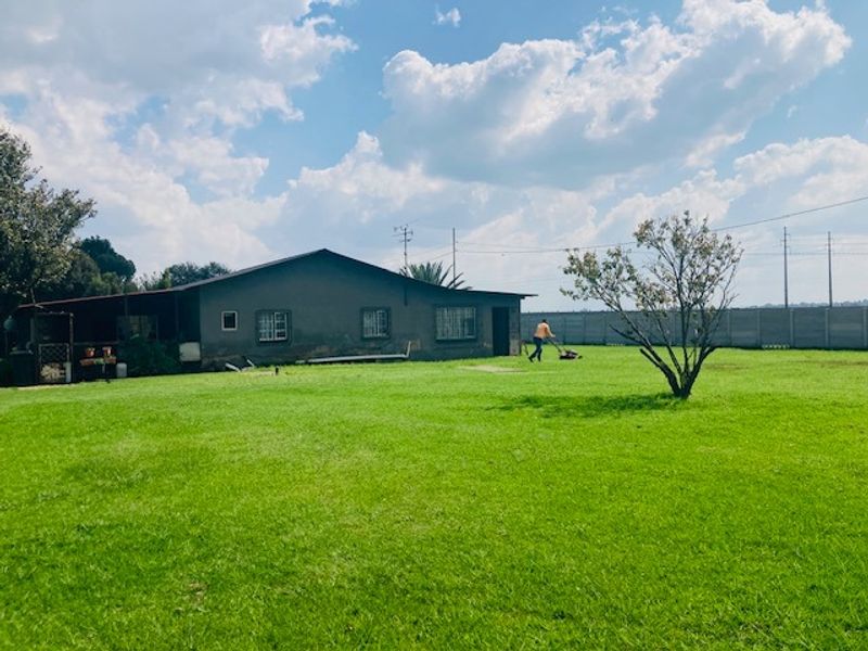 Rear view of the property featuring a large lawn, concrete boundary wall, and a covered patio area attached to the main house structure.