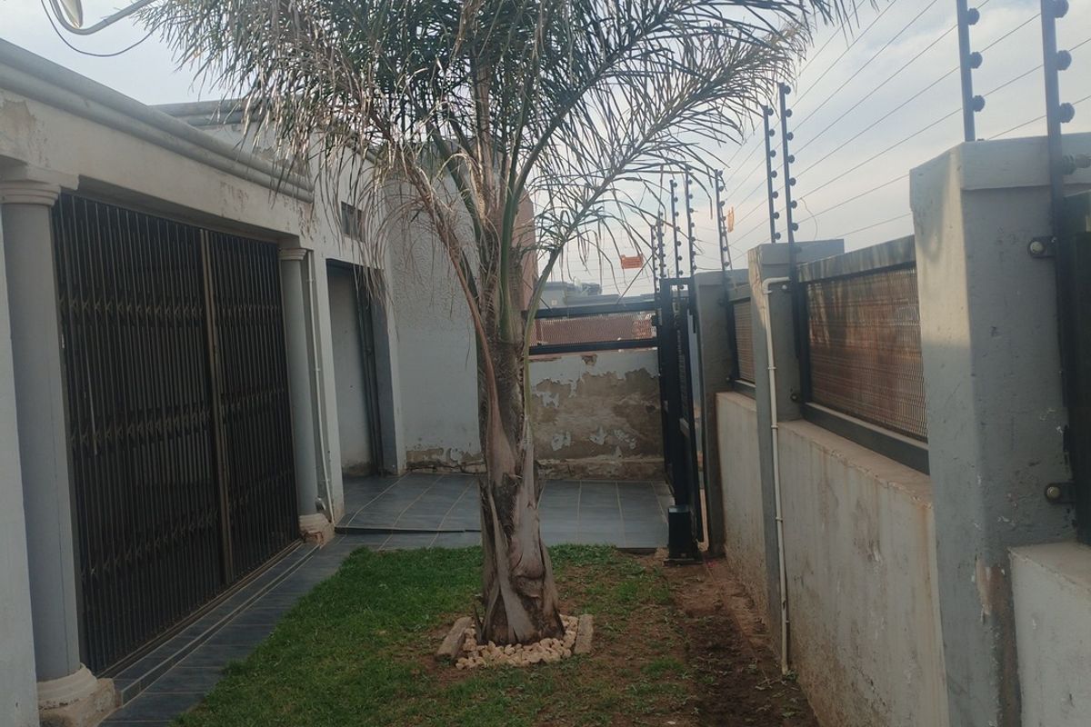 Rear exterior area featuring a small garden, tiled patio, security gate, and perimeter boundary wall with electric fencing.