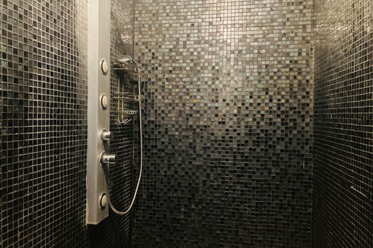 A modern shower enclosure featuring dark mosaic wall tiles and a built-in vertical shower panel system.