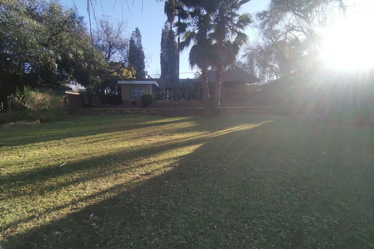 A spacious rear garden featuring a large lawn, mature palm trees, and a brick retaining wall leading to the main house structure.