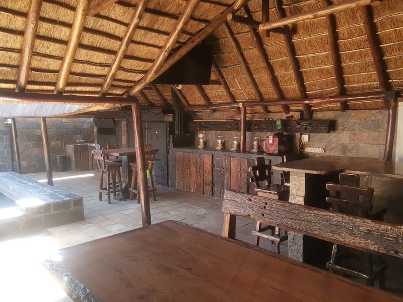 Covered outdoor entertainment area featuring a rustic thatched roof, stone-clad walls, a built-in bar, and an integrated plunge pool.
