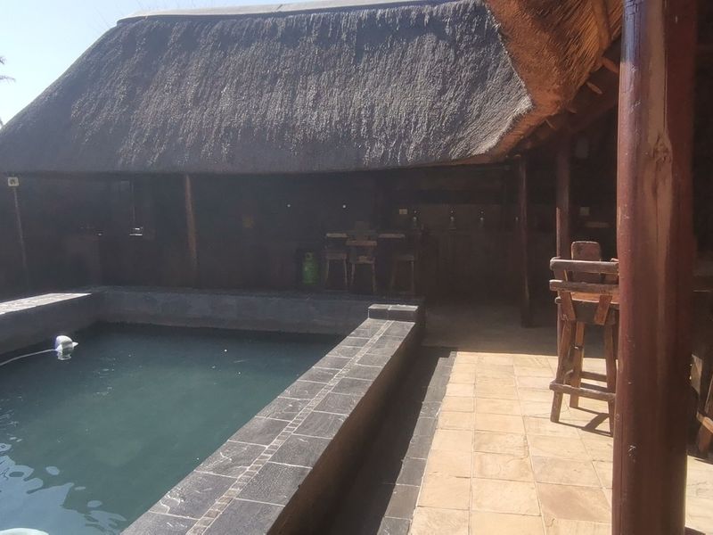 Outdoor entertainment area featuring a swimming pool with stone coping and a covered patio area under a traditional thatched roof structure.