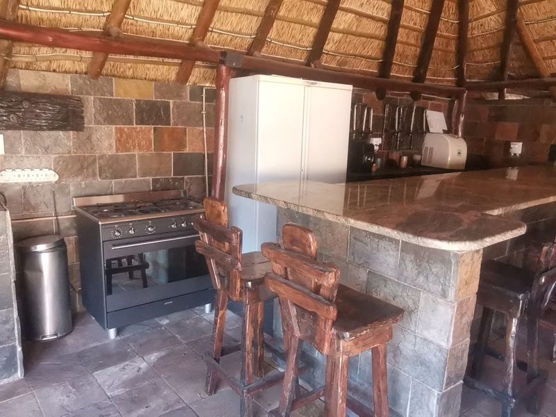 Outdoor entertainment area featuring a thatched roof, stone wall cladding, and a built-in stone bar counter with a gas stove.