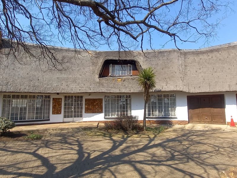 Front elevation of a traditional thatched-roof house featuring a paved driveway, double garage, and classic steel-framed windows.
