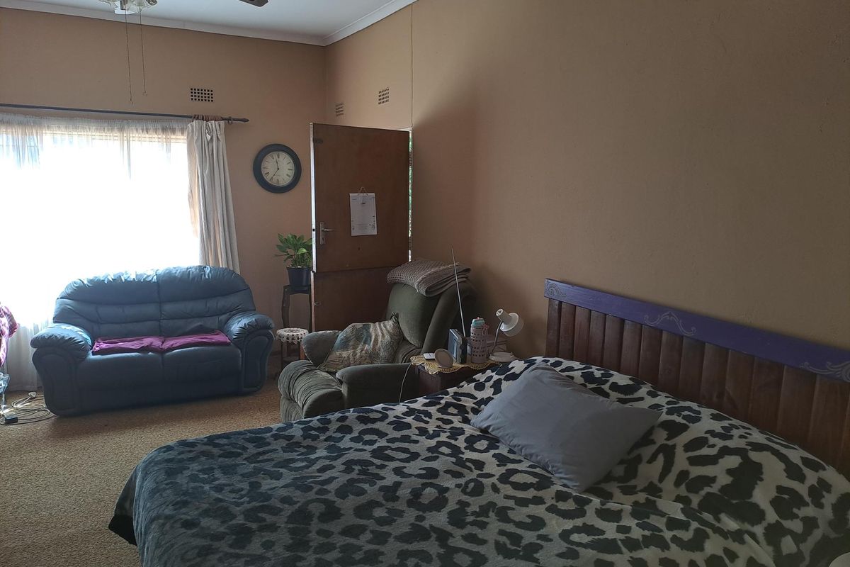 A spacious bedroom featuring carpeted flooring and a ceiling fan, offering a functional layout with natural light from the window.